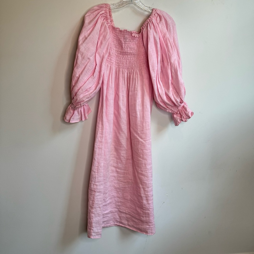 SLEEPER Atlanta Pink Linen Long Sleeve Smocked Dress